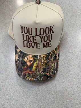 Embroidered Slogan Trucker Hat in Beige with Camo Bill